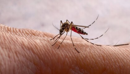 Close-Up of Mosquito Feeding on Human Skin with Blood-Filled Abdomen. Detailed View of Insect Anatomy, Disease Vector Behavior, and Public Health Concept for Malaria, Dengue, and Zika Awareness