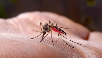 Close-Up of Mosquito Feeding on Human Skin with Blood-Filled Abdomen. Detailed View of Insect Anatomy, Disease Vector Behavior, and Public Health Concept for Malaria, Dengue, and Zika Awareness