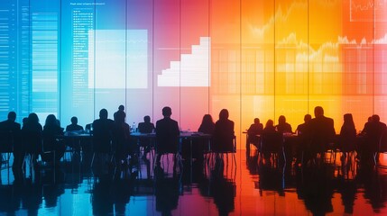 A conference room, people are strategizing on climate change solutions. Digital displays show graphs of rising temperatures, reflecting the urgency of the discussion for environment