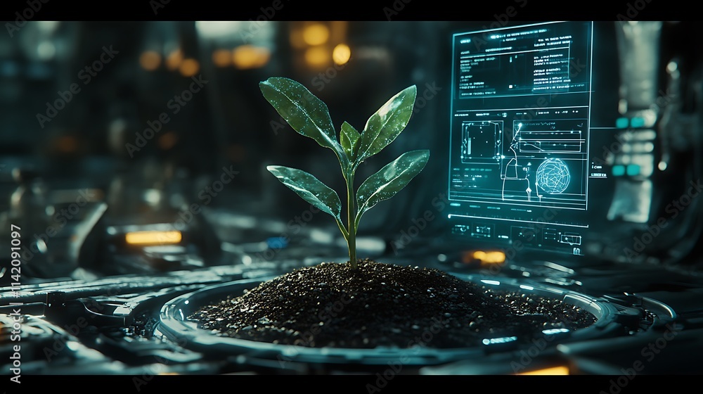 Poster futuristic plant growth in high-tech laboratory with digital interface and advanced technology eleme