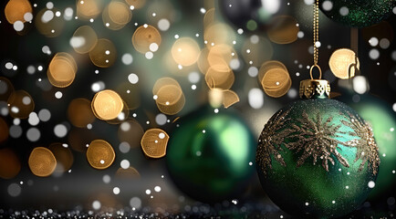 Christmas background with baubles in neon green and silver. with bokeh and gold stars background.