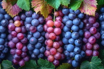 Fototapeta premium Red and Blue Grapes with Lush Green Leaves