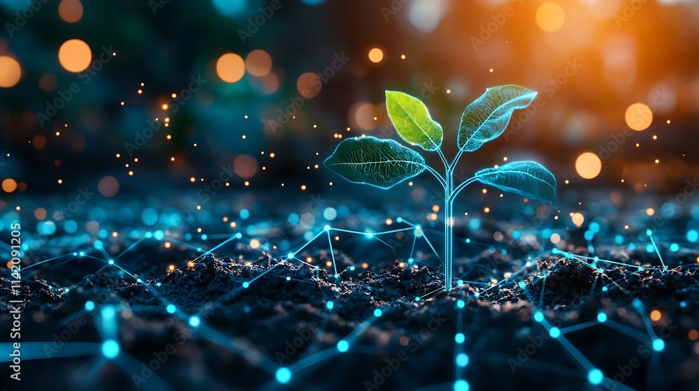 Aufkleber futuristic plant growth with digital connection in soil on dark background with bokeh light effect