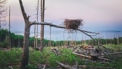 벌목된 숲 근처에 남아 있는 나뭇가지 위 작은 새둥지