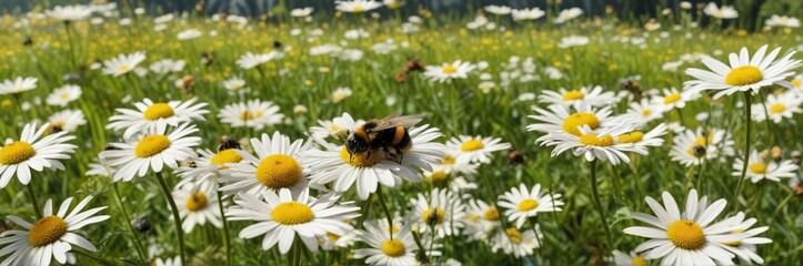 Obraz premium Bumble bees flying around a patch of daisies in a sunny meadow, with a few bees collecting nectar from each flower, nature scene, pollination, natural world