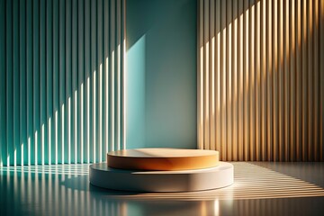 Obraz premium Minimalist 3D product showcase: geometric shapes, long exposure, studio lighting, abstract backdrop.