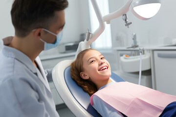 Obraz premium Happy girl smiling while visiting dentist in dental clinic