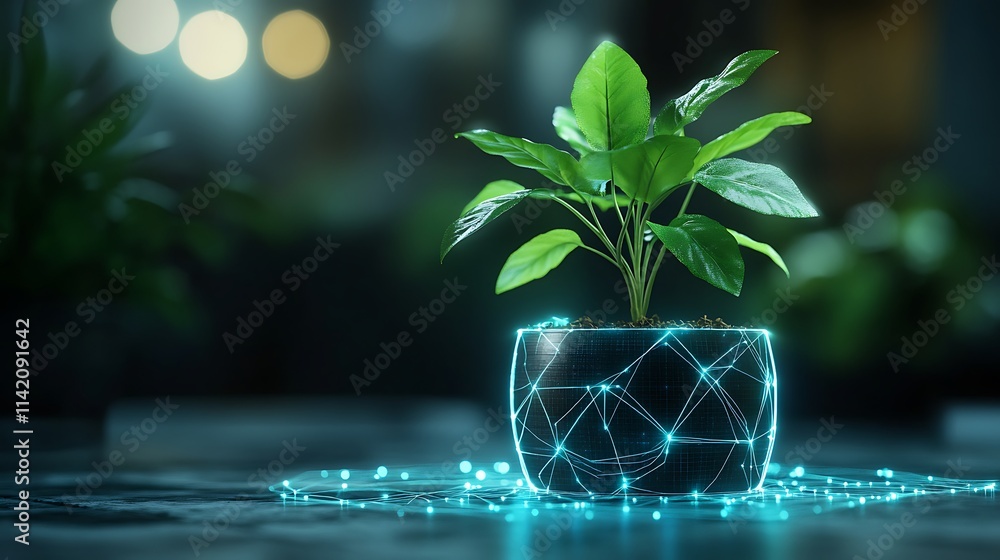 Aufkleber Futuristic Plant in Pot with Illuminated Network Connection Lines on Dark Background for Technology Concept