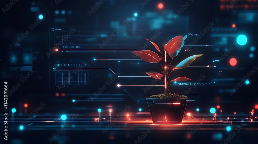 Poster futuristic potted plant with digital interface and glowing elements in abstract technology setting