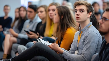 Fototapeta premium Young leaders presenting innovative ideas at an environmental forum, addressing a mixed audience of engaged attendees taking notes. The shared commitment to sustainability and progress