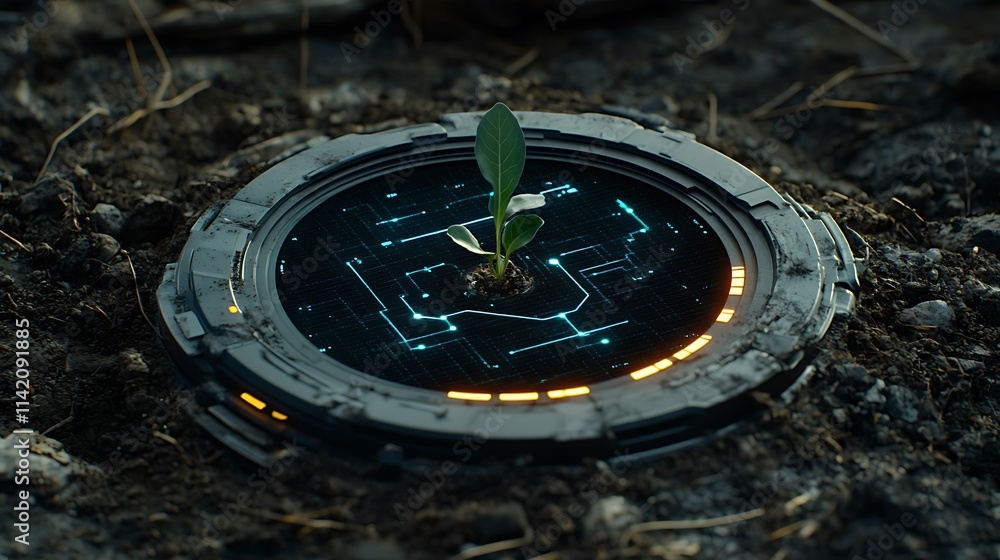 Poster futuristic technology and nature merge with high-tech seedling emerging from digital interface on so
