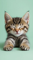 Adorable kitten stretching blissfully on pastel background