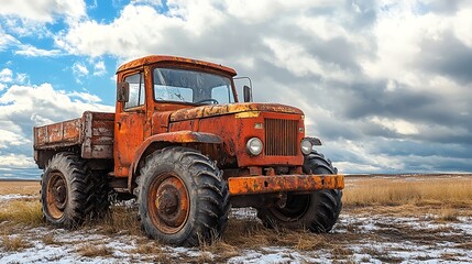 Rusty Orange Tractor in Snowy Field  Winter Landscape