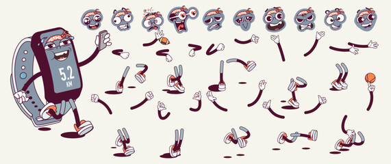 Fitness bracelet cartoon character with groovy comic faces set. Funny mascot with bundle of smile, happy, cheerful, tired and other facial emotions, legs poses, hands gestures. Vector illustration.