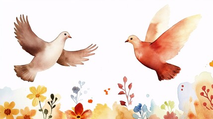 Obraz premium Vibrant Watercolor Painting of Doves Flying Among Colorful Flowers and Floral Elements in a Soft, Dreamy Background