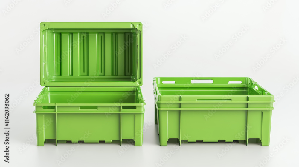 Poster set of green plastic crates isolated on white background. realistic vector illustration of empty box
