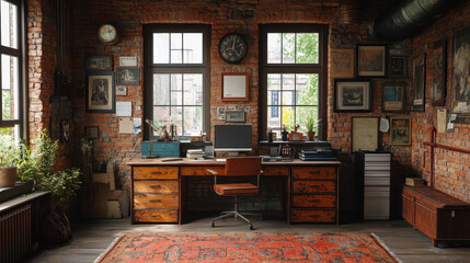 Vintage Industrial Office Workspace with Brick Walls and Wooden Furniture