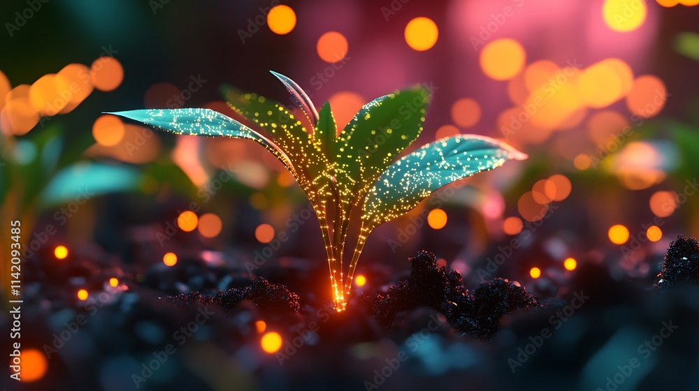 Poster glowing seedling sprouting in soil with sparkling lights and colorful bokeh effects for nature image