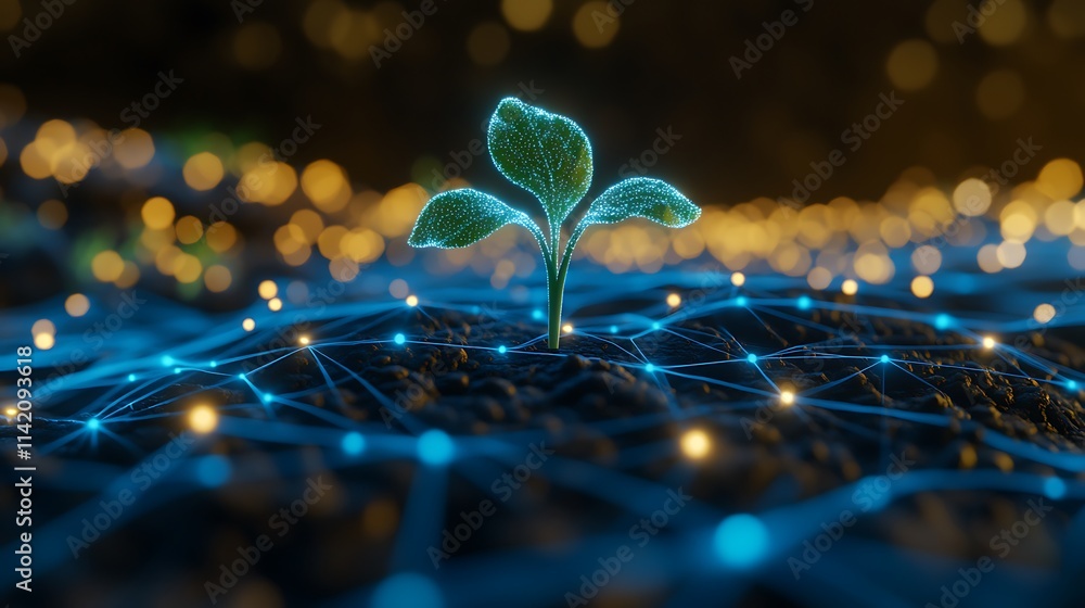 Aufkleber glowing seedling with network background representing technology and nature connection for innovatio