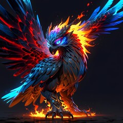 Fire-feathered mythical bird fantasy realm digital artwork vivid landscape close-up awe-inspiring legend