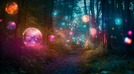 Fototapeta premium Magical Forest Path Illuminated By Glowing Spheres Of Light In A Dreamlike, Mystical Setting. Generative AI