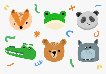 Set of cute portraits of animals for design postcards. Simple flat design elements. Adorable fun vector illustration