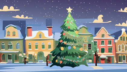 Winter city street tree with star. Vector illustration in flat style