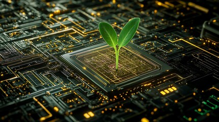 Green Plant Emerging from Circuit Board, Symbolizing Technology and Nature Integration in Modern Design