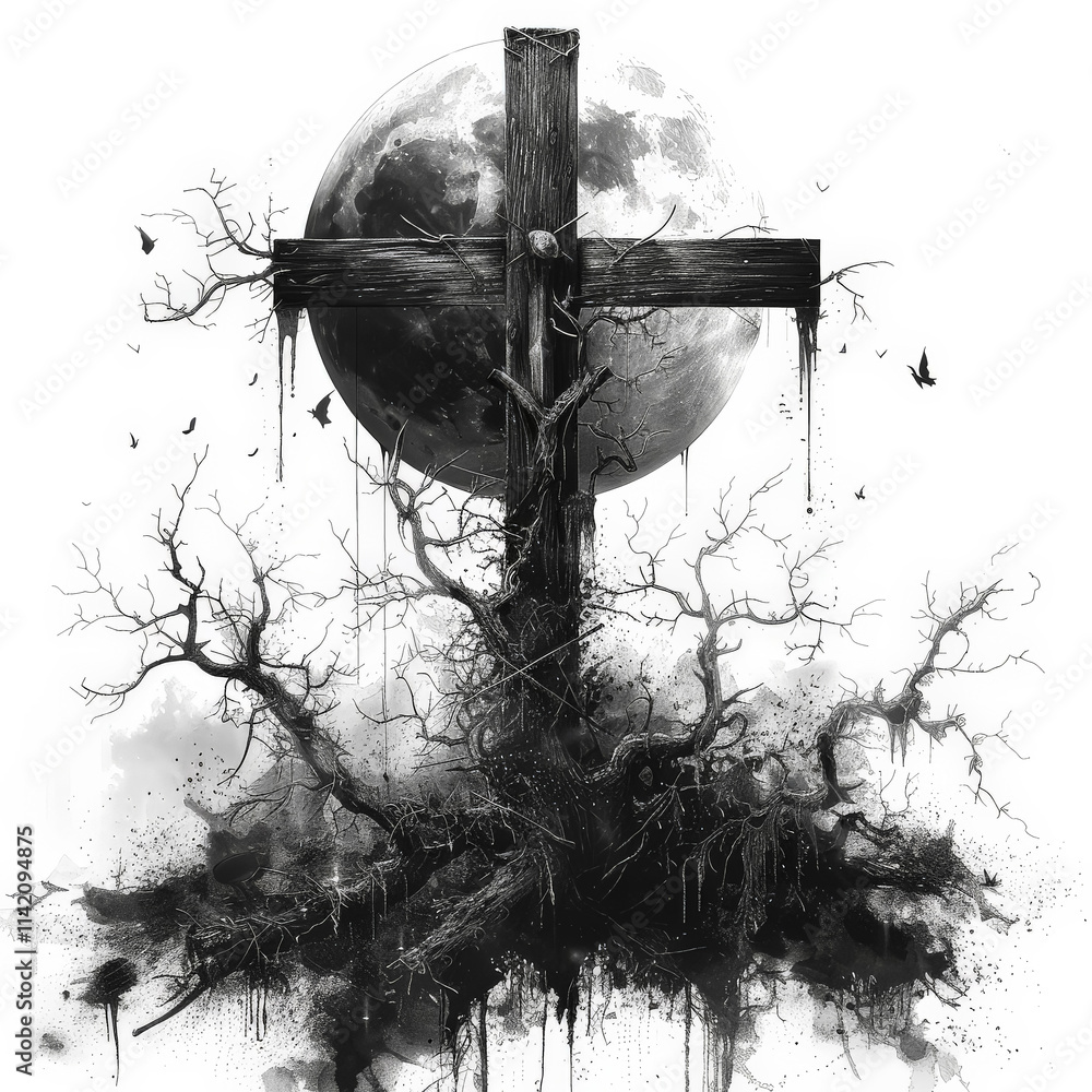 Poster cross is surrounded by trees and a moon. the cross is old and has a lot of moss on it. the moon is l