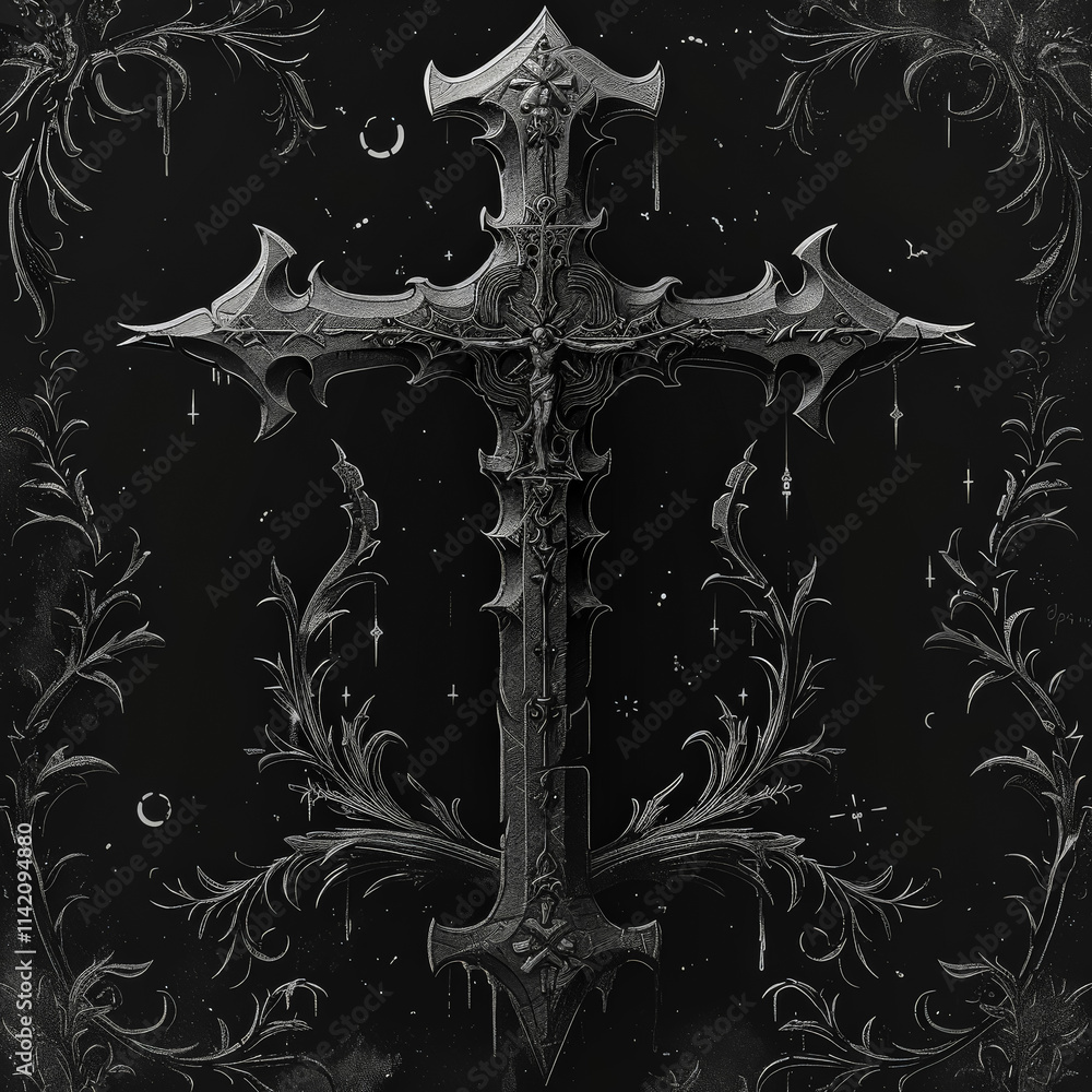 Poster black and white image of a cross with a dark background. the cross is surrounded by vines and has a 