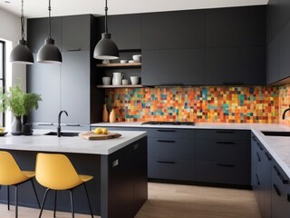 contemporary kitchen with a colorful backsplash and matte black fixtures