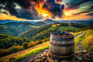 Smoky Tennessee hills, dark oak, and a rural distillery's whiskey barrel charcoal landscape.