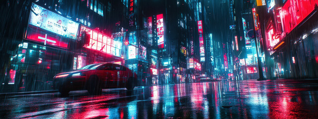 Fototapeta premium A city street with a red car driving down it
