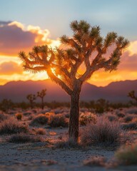 Fototapeta premium Majestic Joshua Tree Against a Vibrant Sunset in Desert Landscape