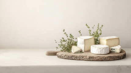 Various types of artisanal cheese arrangement on rustic board with fresh herbs in studio setting