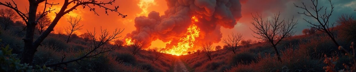 Naklejka premium Wildfire raging through a tangle of vines and thorny shrubs, fire, nature