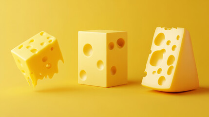 Cheese 3d realistic vector illustration. Cube or chunk and thin square slices of cheez, cheddar with holes, holland or swiss food, set icons isolated on white background