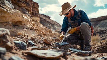 Archaeologist carefully examines ancient artifacts unearthed in a desert canyon