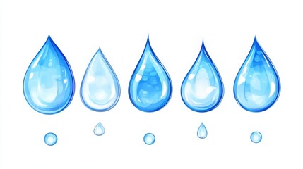 The image shows five water droplets of varying sizes and shapes, each with a smaller droplet below it. The droplets are depicted in a gradient of blue shades, giving a sense of transparency and fluidi