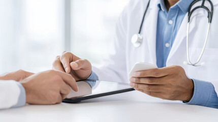 Fototapeta premium Virtual healthcare consultation with doctor holding tablet and smartphone