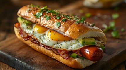 Delicious Breakfast Hot Dog With Eggs Bacon And Avocado