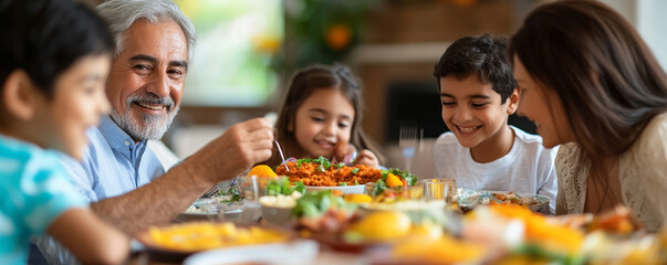 Fototapeta premium Family gathers around the table enjoying a festive meal in a warm, inviting dining room