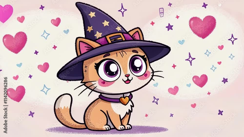 Poster cute cat avatar a small pixelated cat with big sparkling eyes wearing a tiny witch hat. the fur is a