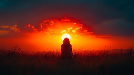 Obraz premium Lion Man Silhouetted Against Fiery Sunset Landscape
