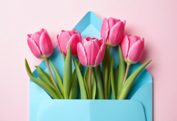 Celebrate Women’s Day, Mother’s Day, Spring, and Valentine’s Day. Pink Tulip Bouquet with Blue Envelope for Messages of Love