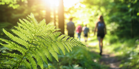 People hiking on a sunny day in a lush forest