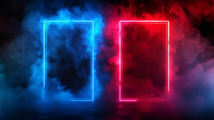 Neon light doors in blue and red smoke on transparent background. Vector realistic illustration of rectangle frame portals surrounded with color mist clouds, magic gate glowing in dark space, teleport