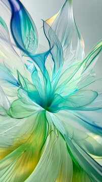Abstract Animated Flower with Blue, Green, and Gold Petals on a Light Gray Background
