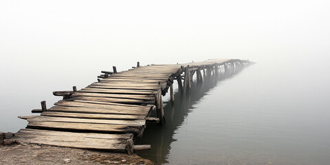 Wooden pier extending into a foggy lake landscape