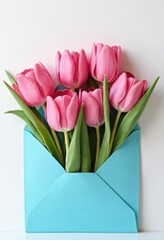 Celebrate Women’s Day, Mother’s Day, Spring, and Valentine’s Day. Pink Tulip Bouquet with Blue Envelope for Messages of Love